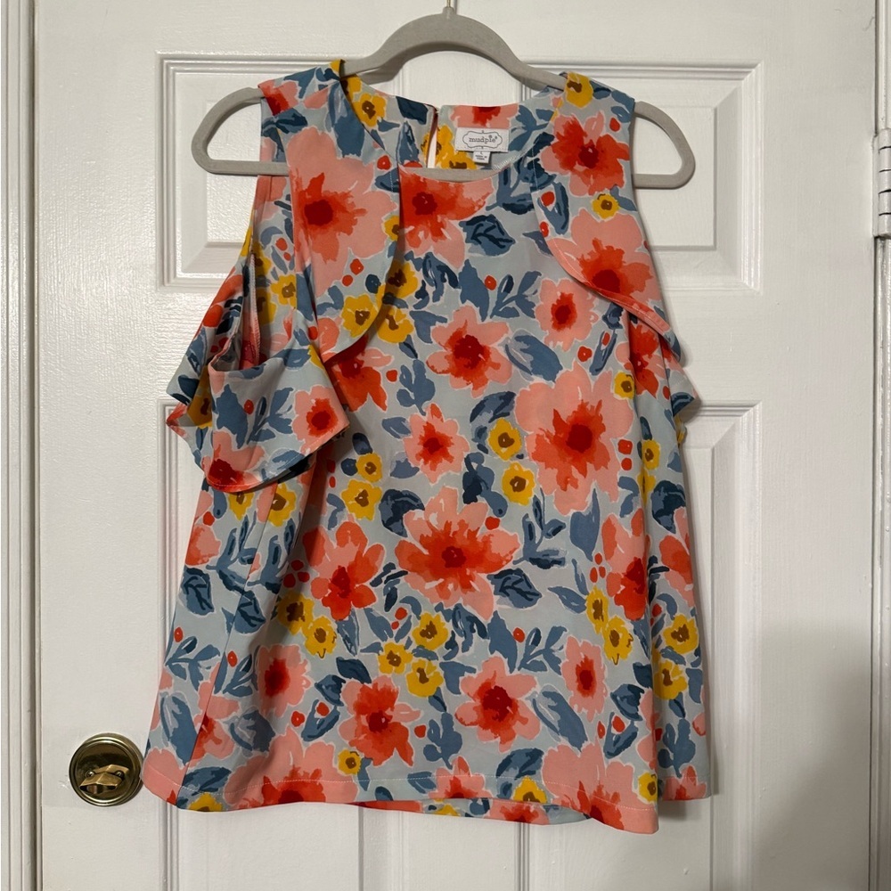 Mud Pie Floral Cold-Shoulder Top in Coral, Yellow & Blue